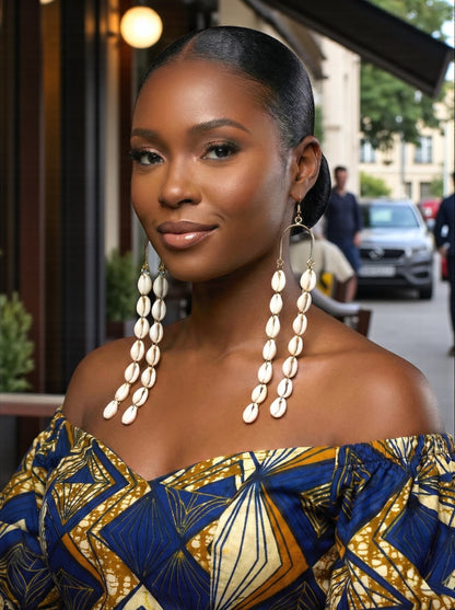 Extra Long Cowrie Shell Drop Earrings – Gold & White African Statement Jewellery - Fatisha Boutique #