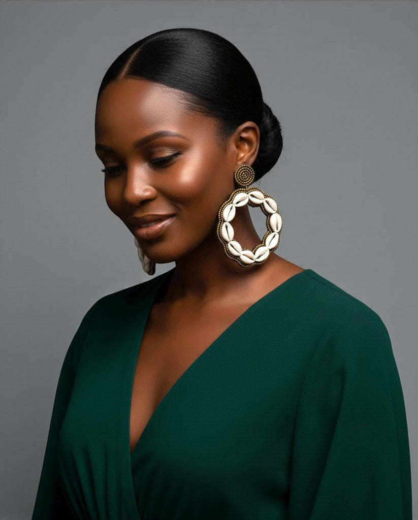 Handmade Cowrie Shell Hoop Earrings – Oversized African Tribal Statement Jewellery - Fatisha Boutique #