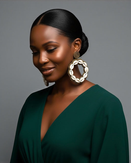 Handmade Cowrie Shell Hoop Earrings – Oversized African Tribal Statement Jewellery - Fatisha Boutique #