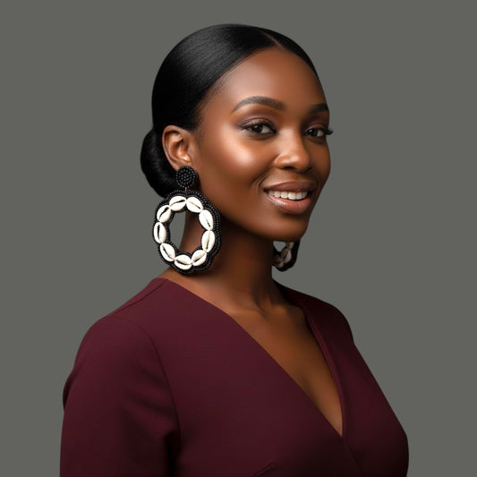 Handmade Black Cowrie Shell Hoop Earrings – African Beaded Tribal Statement Jewellery - Fatisha Boutique #