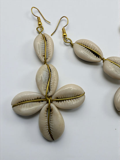 African Cowrie Shell Star Drop Earrings – Handmade Brass Statement Jewellery - Fatisha Boutique #