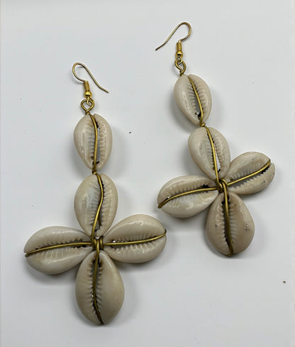 African Cowrie Shell Star Drop Earrings – Handmade Brass Statement Jewellery - Fatisha Boutique #