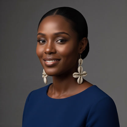 African Cowrie Shell Star Drop Earrings – Handmade Brass Statement Jewellery - Fatisha Boutique #