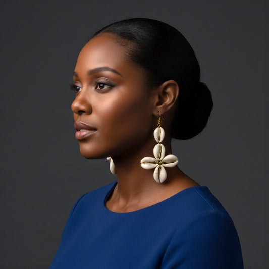 African Cowrie Shell Star Drop Earrings – Handmade Brass Statement Jewellery - Fatisha Boutique #