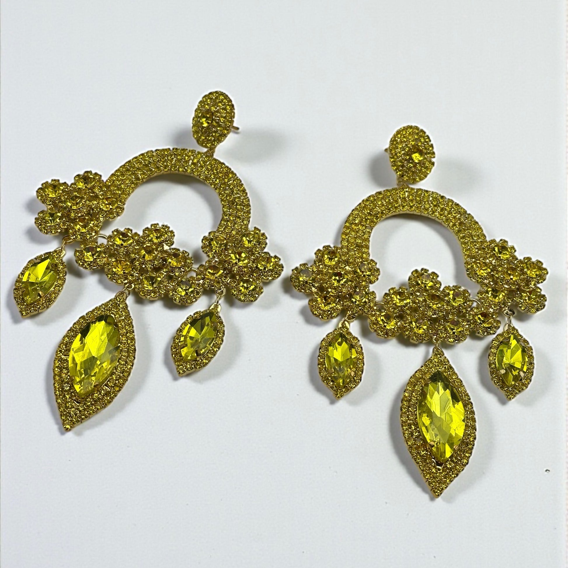Yellow Rhinestone Chandelier Statement Earrings – Bold Crystal Drop Glam Jewellery - Fatisha Boutique #