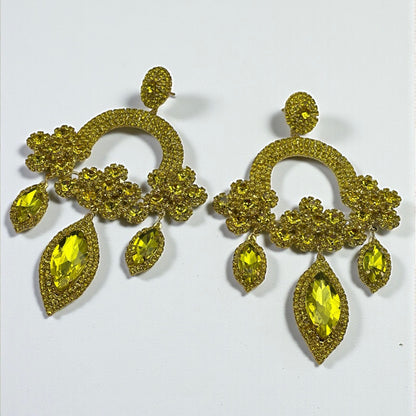 Yellow Rhinestone Chandelier Statement Earrings – Bold Crystal Drop Glam Jewellery - Fatisha Boutique #