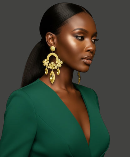 Yellow Rhinestone Chandelier Statement Earrings – Bold Crystal Drop Glam Jewellery - Fatisha Boutique #