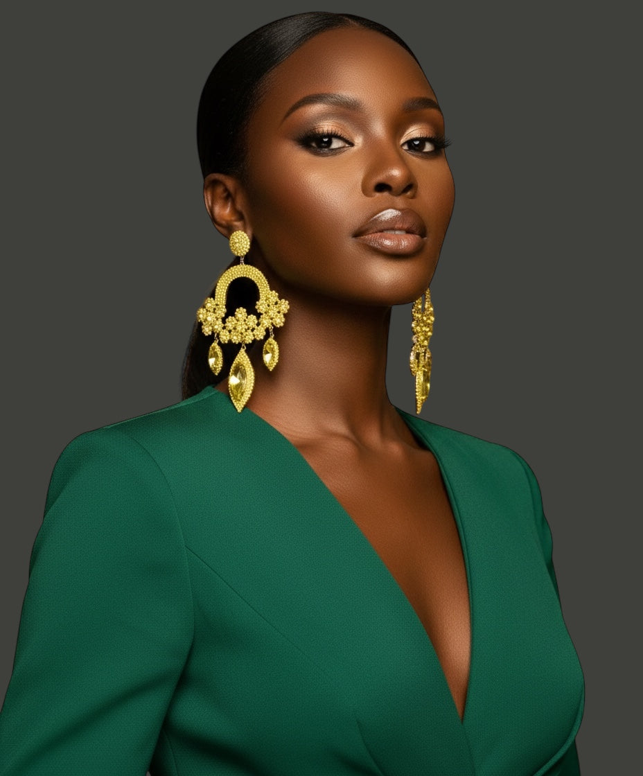 Yellow Rhinestone Chandelier Statement Earrings – Bold Crystal Drop Glam Jewellery - Fatisha Boutique #
