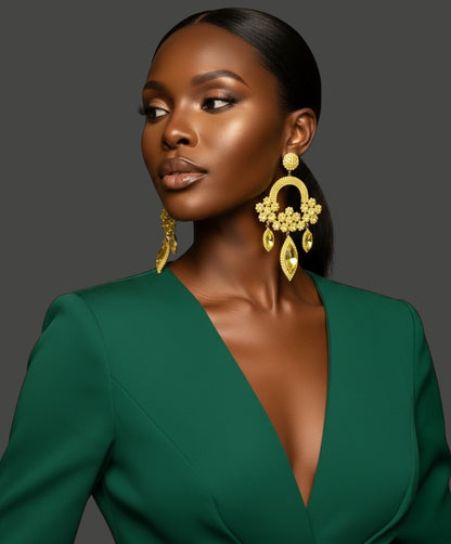 Yellow Rhinestone Chandelier Statement Earrings – Bold Crystal Drop Glam Jewellery - Fatisha Boutique #
