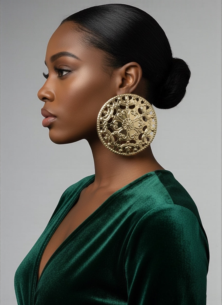 Oversized African Filigree Disc Earrings – Gold Statement Jewellery - Fatisha Boutique #