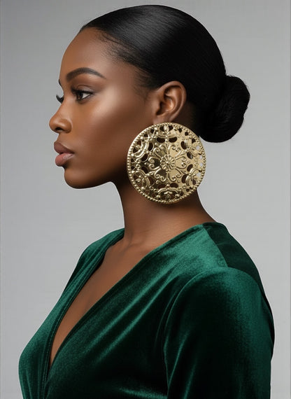 Oversized African Filigree Disc Earrings – Gold Statement Jewellery - Fatisha Boutique #