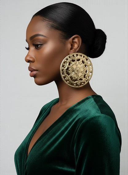 Oversized African Filigree Disc Earrings – Gold Statement Jewellery - Fatisha Boutique #