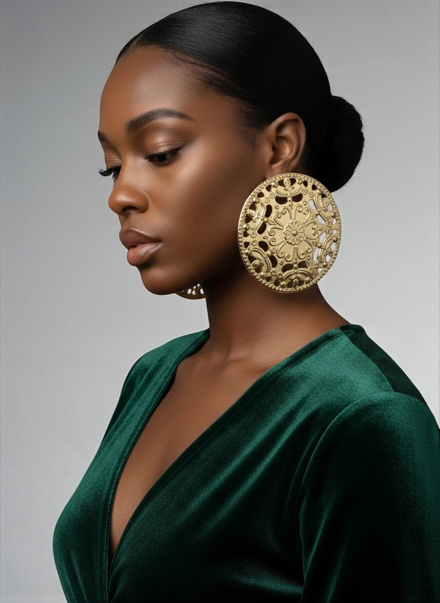 Oversized African Filigree Disc Earrings – Gold Statement Jewellery - Fatisha Boutique #