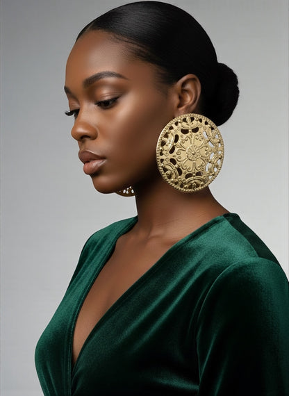 Oversized African Filigree Disc Earrings – Gold Statement Jewellery - Fatisha Boutique #