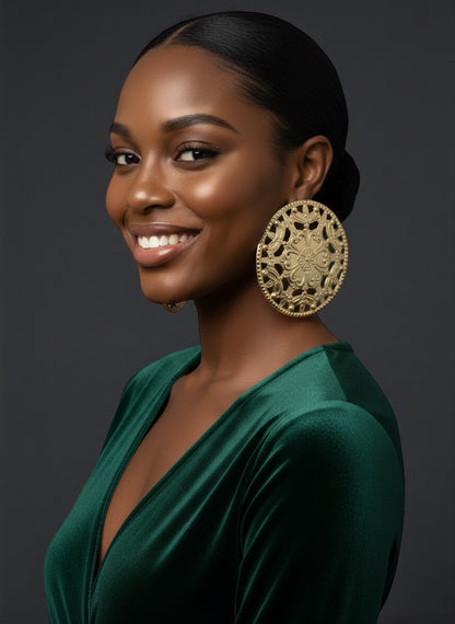 Oversized African Filigree Disc Earrings – Gold Statement Jewellery - Fatisha Boutique #