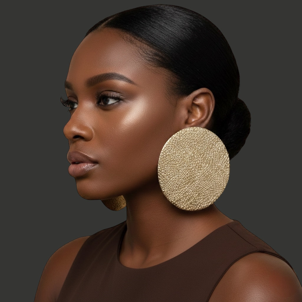Oversized Textured Gold Disc Earrings – African-Inspired Statement Jewellery - Fatisha Boutique #