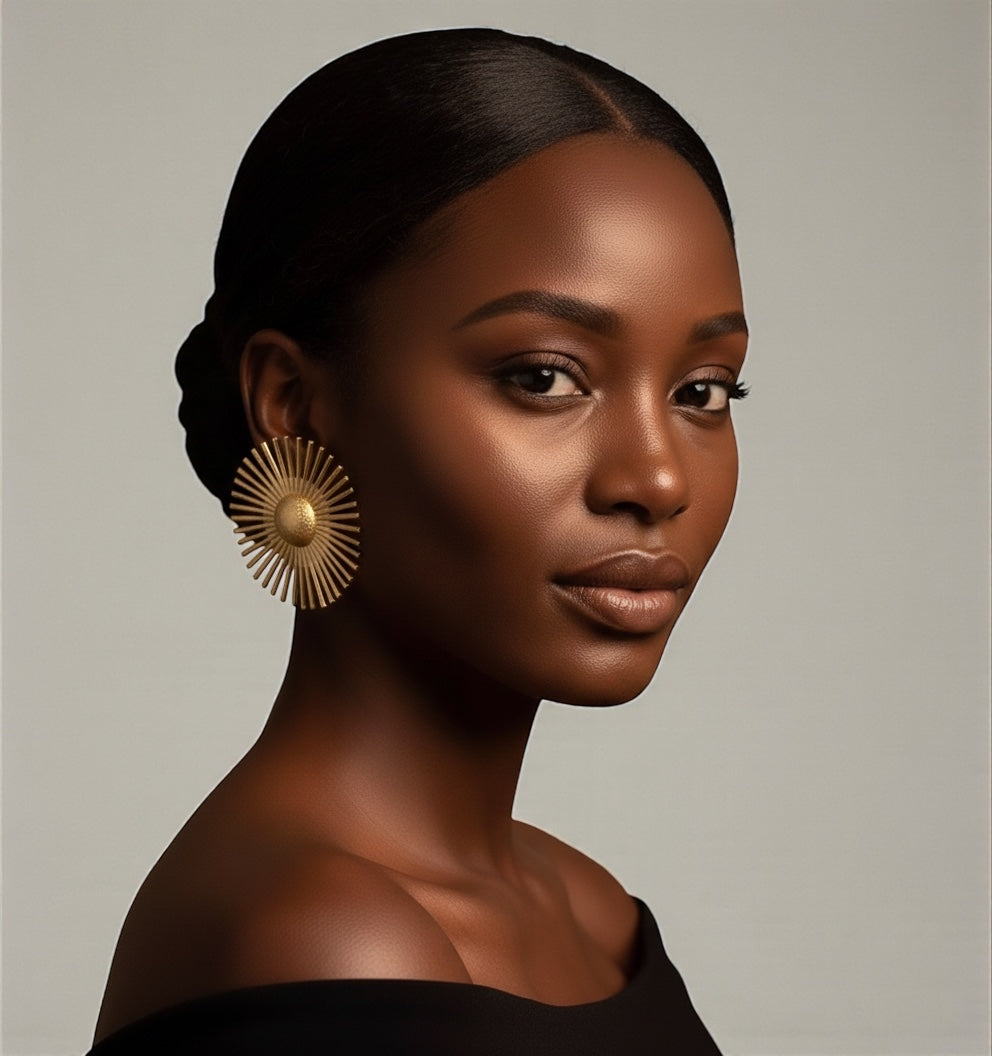 Retro Daisy Flower Gold Statement Earrings – Vintage Sunburst Studs - Fatisha Boutique # Fatisha Boutique