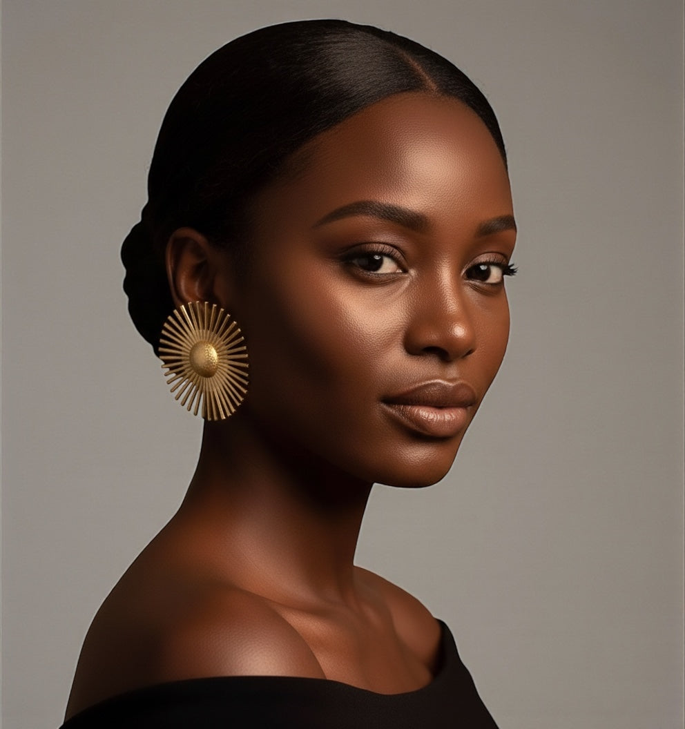 Retro Daisy Flower Gold Statement Earrings – Vintage Sunburst Studs - Fatisha Boutique # Fatisha Boutique
