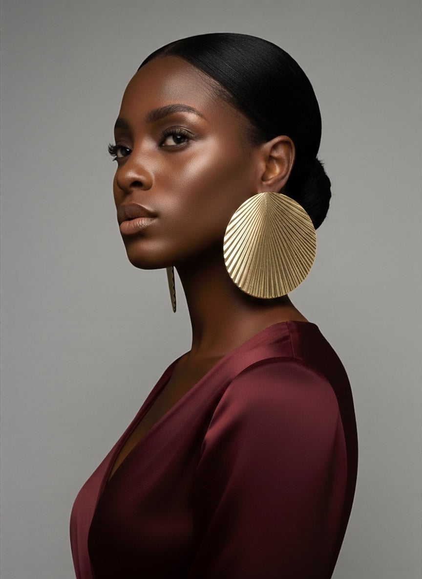 Oversized Gold Pleated Disc Earrings – Bold Textured Statement Jewellery - Fatisha Boutique #