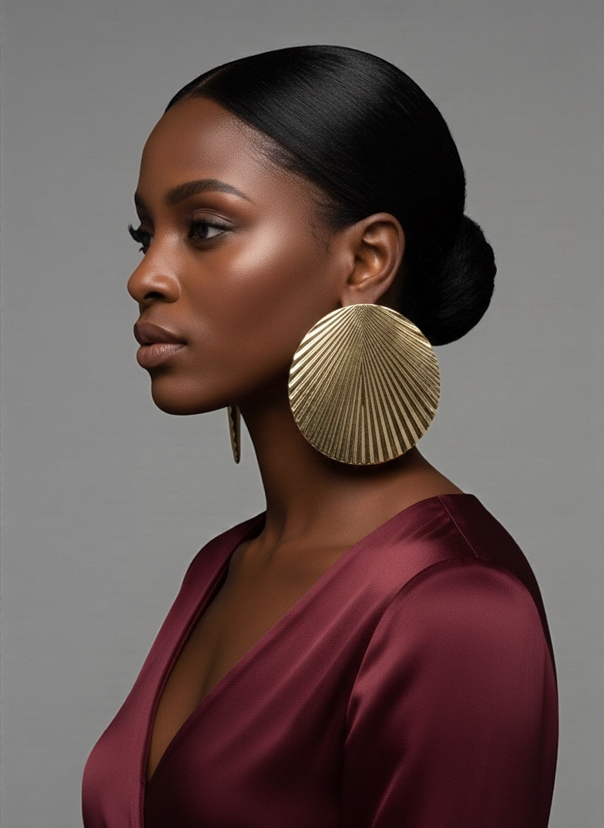 Oversized Gold Pleated Disc Earrings – Bold Textured Statement Jewellery - Fatisha Boutique #