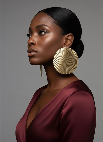 Oversized Gold Pleated Disc Earrings – Bold Textured Statement Jewellery - Fatisha Boutique #