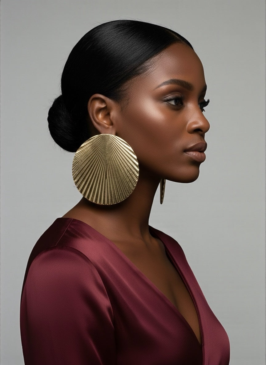 Oversized Gold Pleated Disc Earrings – Bold Textured Statement Jewellery - Fatisha Boutique #