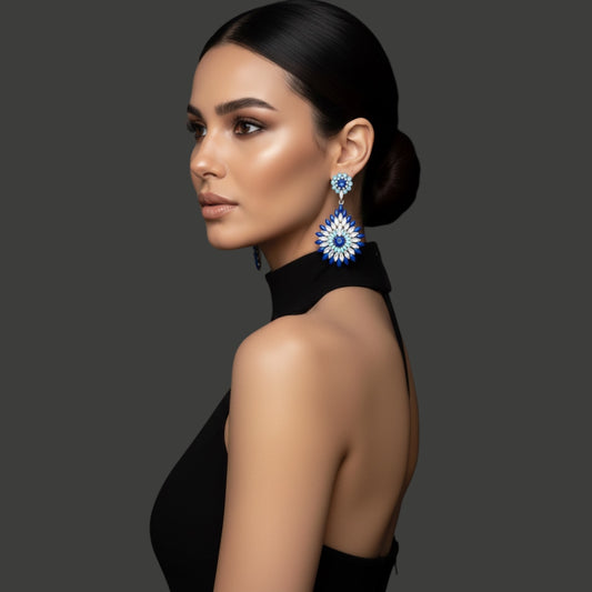 Elegant Diamante Rhinestone Sparkle Long Flower Teardrop Statement Earrings - Fatisha Boutique #