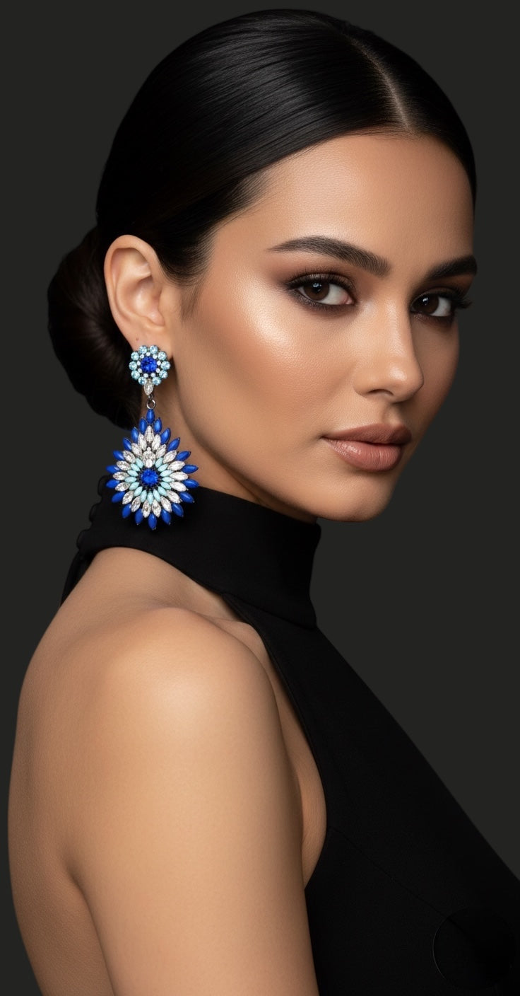 Elegant Diamante Rhinestone Sparkle Long Flower Teardrop Statement Earrings - Fatisha Boutique #