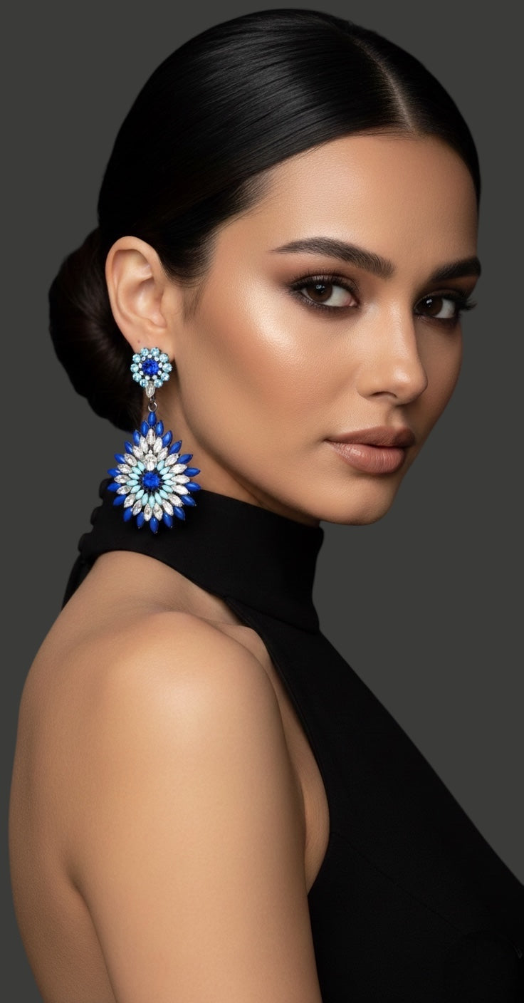Elegant Diamante Rhinestone Sparkle Long Flower Teardrop Statement Earrings - Fatisha Boutique #