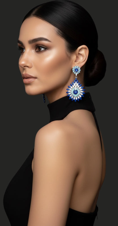 Elegant Diamante Rhinestone Sparkle Long Flower Teardrop Statement Earrings - Fatisha Boutique #