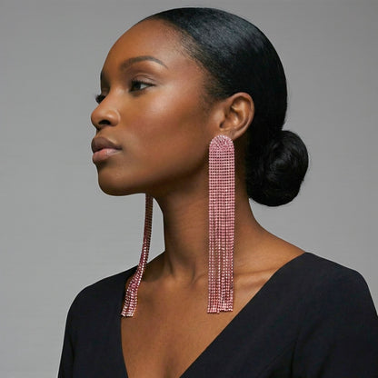 Extra-Long Pink Rhinestone Tassel Earrings – Bold Statement Drop Jewellery - Fatisha Boutique #
