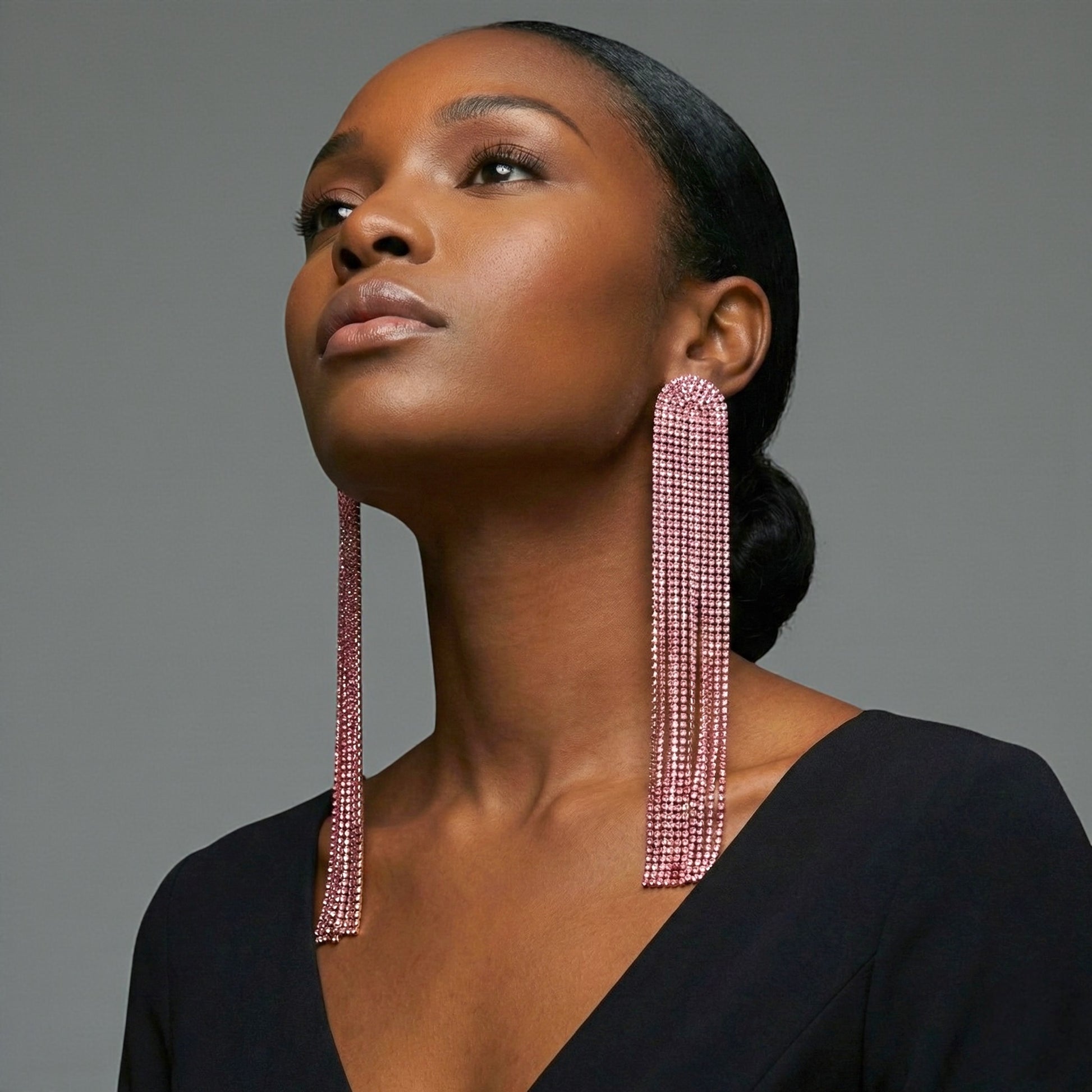 Extra-Long Pink Rhinestone Tassel Earrings – Bold Statement Drop Jewellery - Fatisha Boutique #