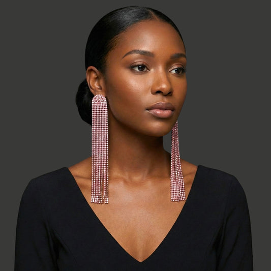 Extra-Long Pink Rhinestone Tassel Earrings – Bold Statement Drop Jewellery - Fatisha Boutique #