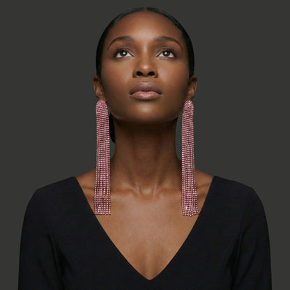 Extra-Long Pink Rhinestone Tassel Earrings – Bold Statement Drop Jewellery - Fatisha Boutique #