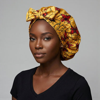 Versatile Satin Silk Ankara Bonnet with Long Ties – Multi-Wear Sleep, Turban & Headwrap Cap - Fatisha Boutique #