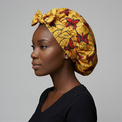 Versatile Satin Silk Ankara Bonnet with Long Ties – Multi-Wear Sleep, Turban & Headwrap Cap - Fatisha Boutique #