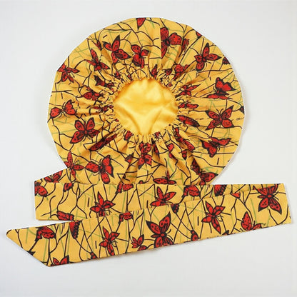 Versatile Satin Silk Ankara Bonnet with Long Ties – Multi-Wear Sleep, Turban & Headwrap Cap - Fatisha Boutique #