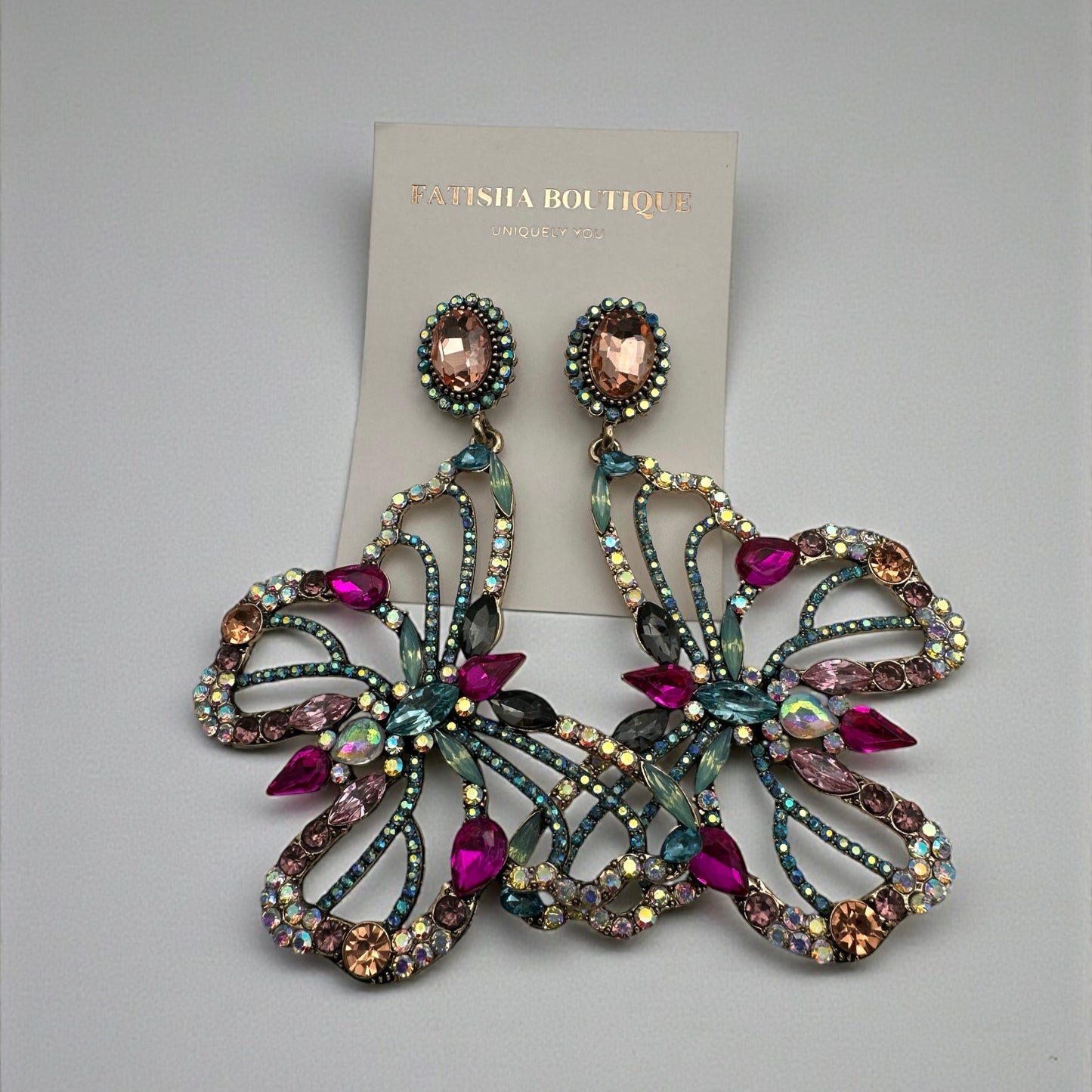 Luxury Crystal Butterfly Statement Earrings – Multicolour Rhinestone Drop Jewellery - Fatisha Boutique #