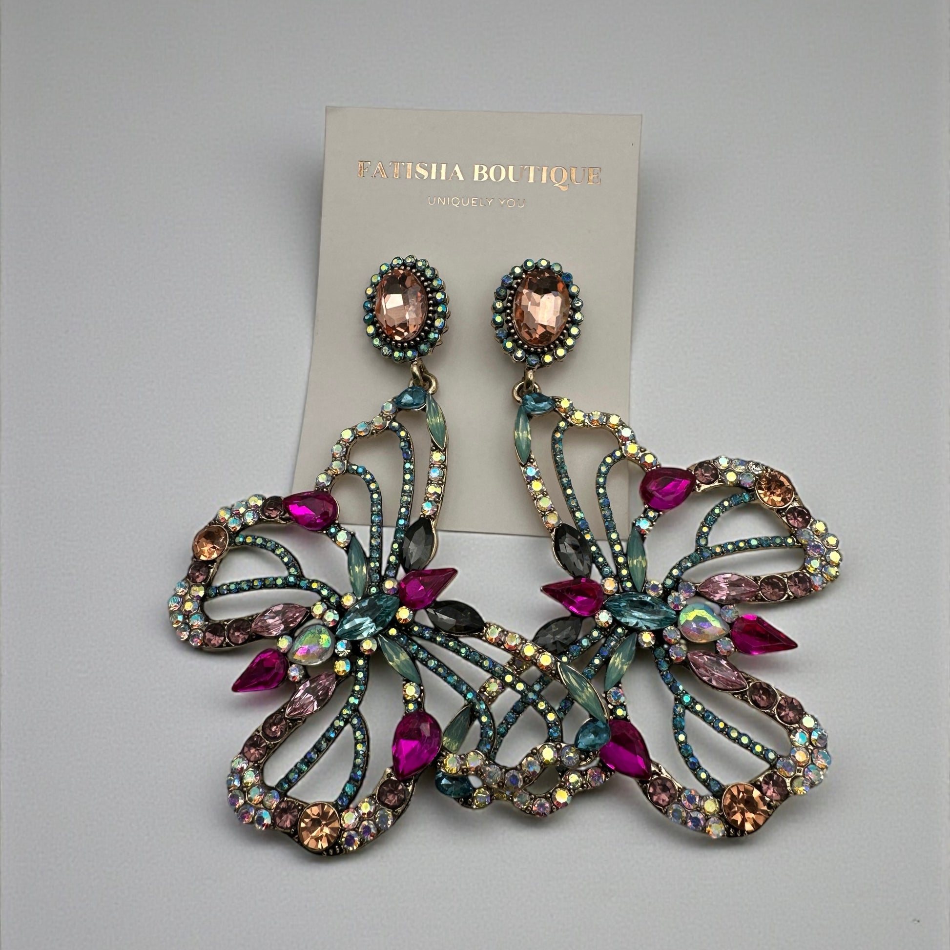 Luxury Crystal Butterfly Statement Earrings – Multicolour Rhinestone Drop Jewellery - Fatisha Boutique #