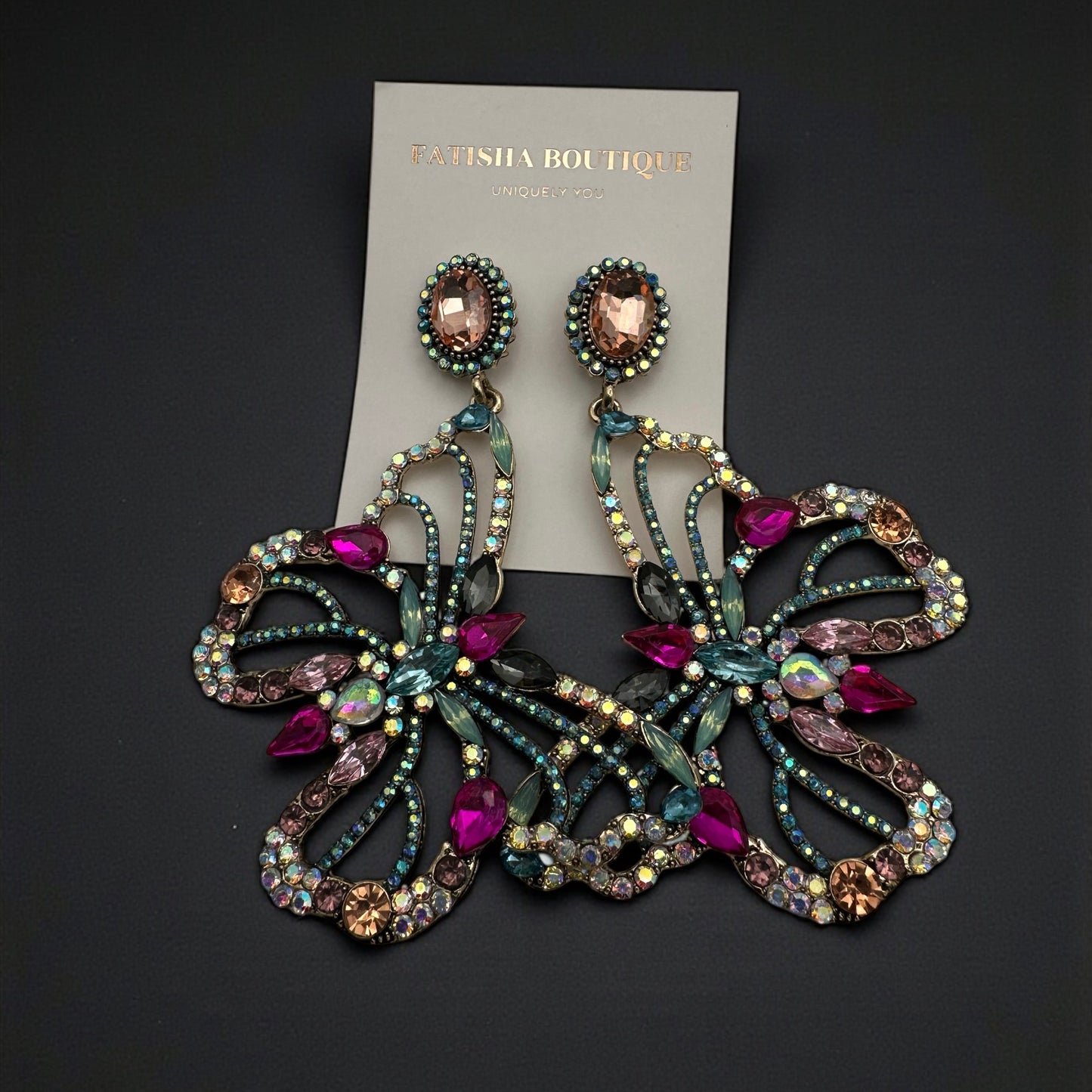 Luxury Crystal Butterfly Statement Earrings – Multicolour Rhinestone Drop Jewellery - Fatisha Boutique #