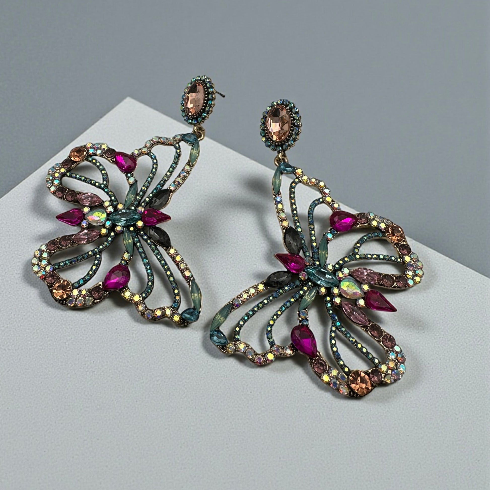 Luxury Crystal Butterfly Statement Earrings – Multicolour Rhinestone Drop Jewellery - Fatisha Boutique #