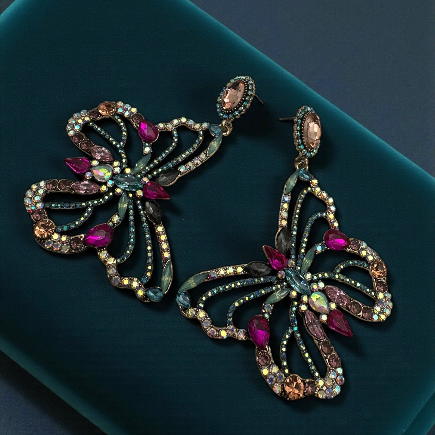 Luxury Crystal Butterfly Statement Earrings – Multicolour Rhinestone Drop Jewellery - Fatisha Boutique #