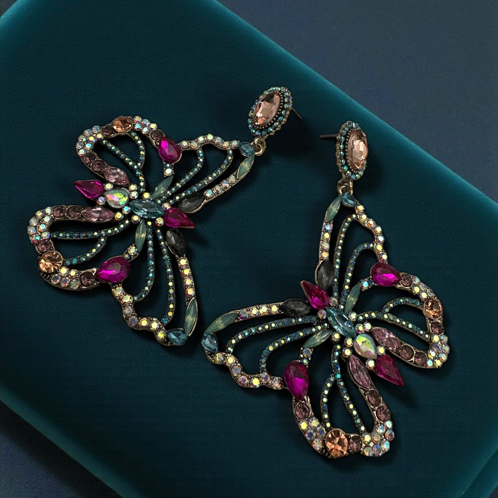 Luxury Crystal Butterfly Statement Earrings – Multicolour Rhinestone Drop Jewellery - Fatisha Boutique #