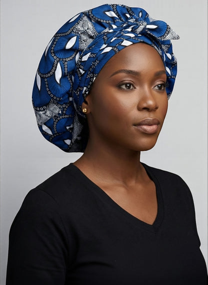 Blue Ankara Satin-Lined Bonnet with Long Ties – Multi-Wear Sleep Cap, Turban & Headwrap - Fatisha Boutique #