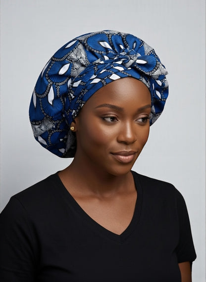 Blue Ankara Satin-Lined Bonnet with Long Ties – Multi-Wear Sleep Cap, Turban & Headwrap - Fatisha Boutique #
