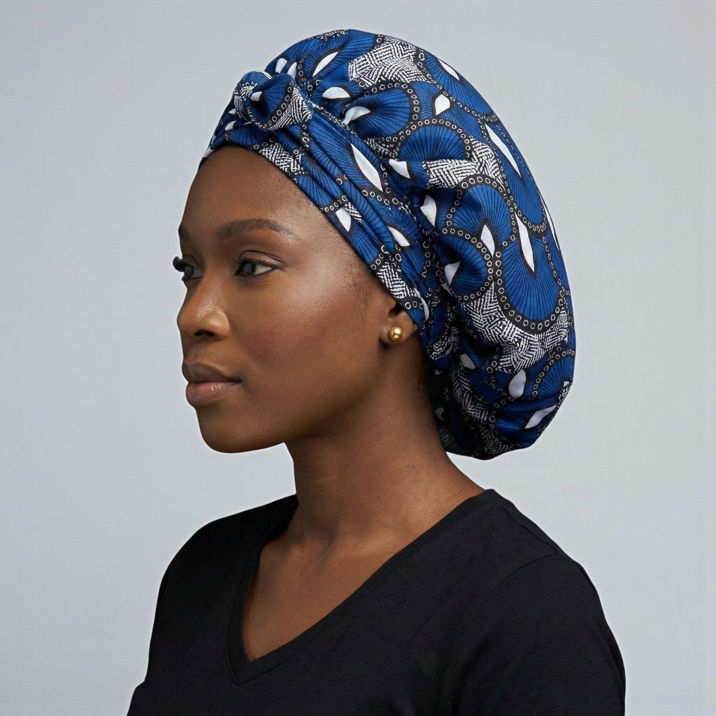 Blue Ankara Satin-Lined Bonnet with Long Ties – Multi-Wear Sleep Cap, Turban & Headwrap - Fatisha Boutique #