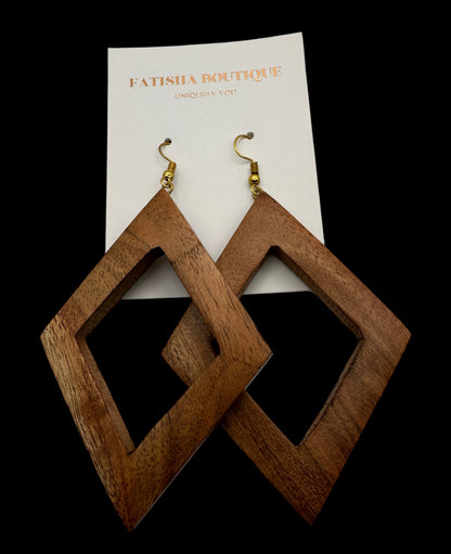 Handmade Wooden Diamond Frame Drop Earrings – Minimal Boho Statement Jewellery - Fatisha Boutique #