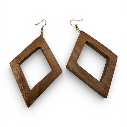 Handmade Wooden Diamond Frame Drop Earrings – Minimal Boho Statement Jewellery - Fatisha Boutique #