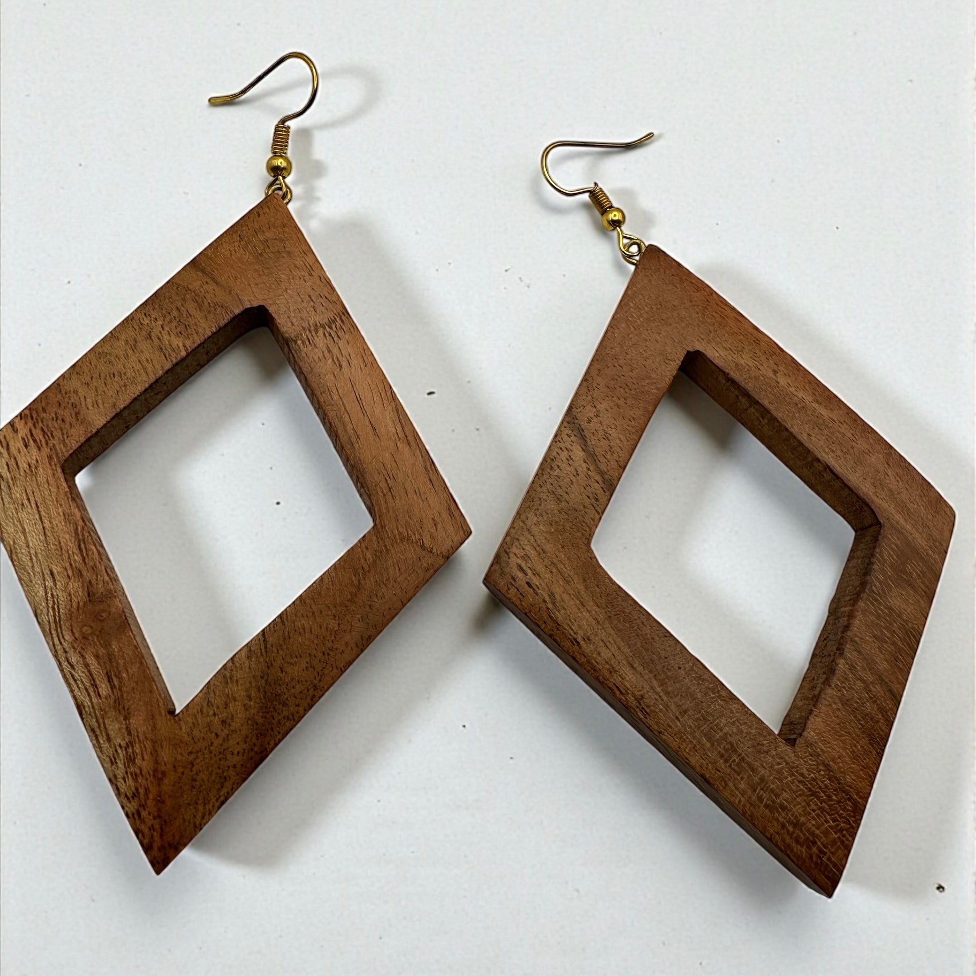 Handmade Wooden Diamond Frame Drop Earrings – Minimal Boho Statement Jewellery - Fatisha Boutique #