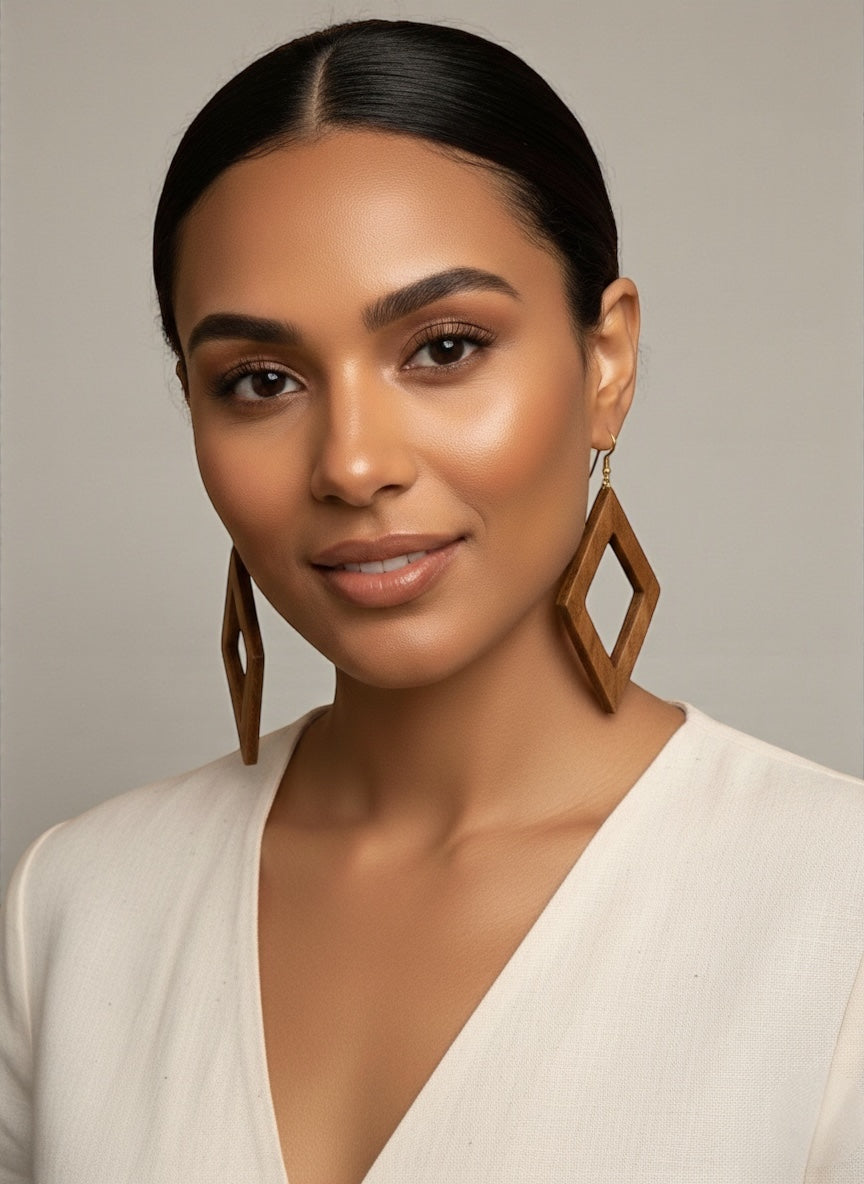 Handmade Wooden Diamond Frame Drop Earrings – Minimal Boho Statement Jewellery - Fatisha Boutique #